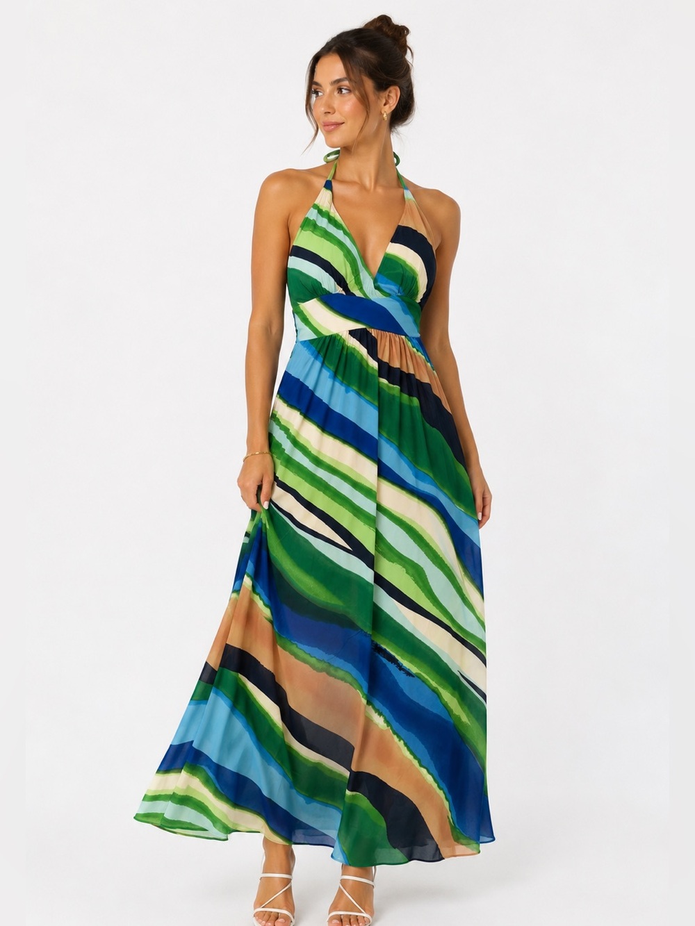 Christina Love Women's Green & Blue Striped Maxi Dress NWOT